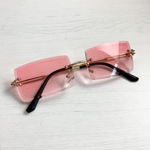 Vintage Rimless Rectangle Pink Tinted Lens Gold Metal Frameless Sunglasses - Picture 3 of 5
